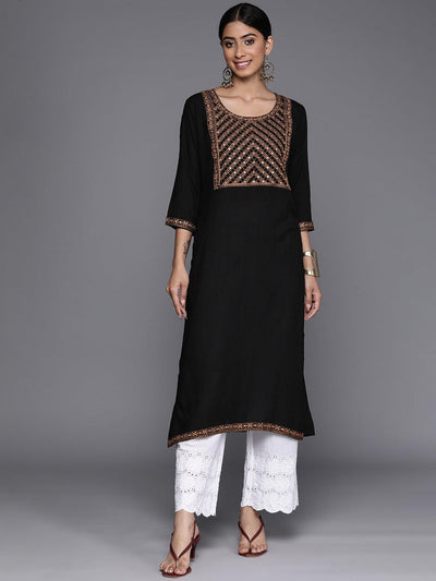 Buy Patangaa Embroidered Elbow Sleeves Asymmetrical Black Kurti For Women  at Amazon.in